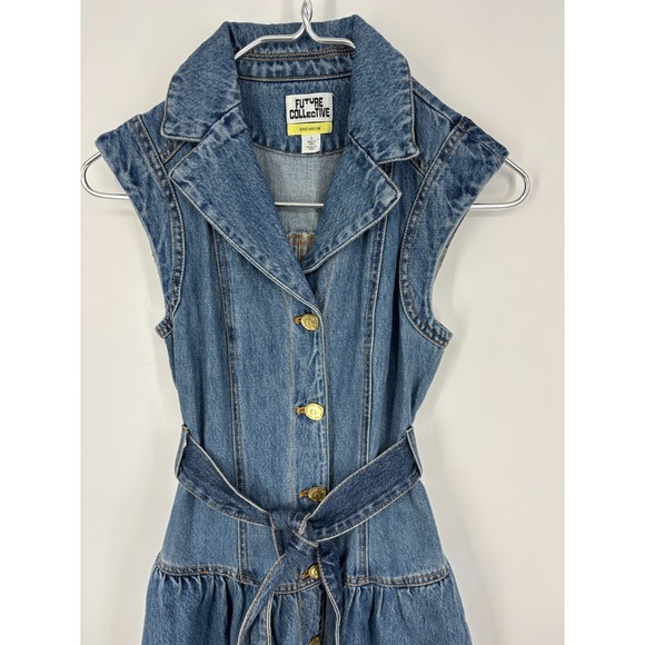 Future Collective Jenee Naylor Dress 0 Blue Denim Sleeveless Button Up Pockets - Picture 4 of 11